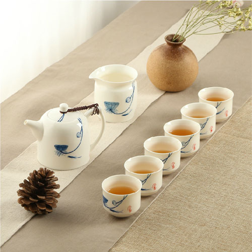 5Cgo 38402129450 魚戲荷塘 青花瓷手繪茶具整套套裝功夫茶具高檔薄胎茶壺  CJS821