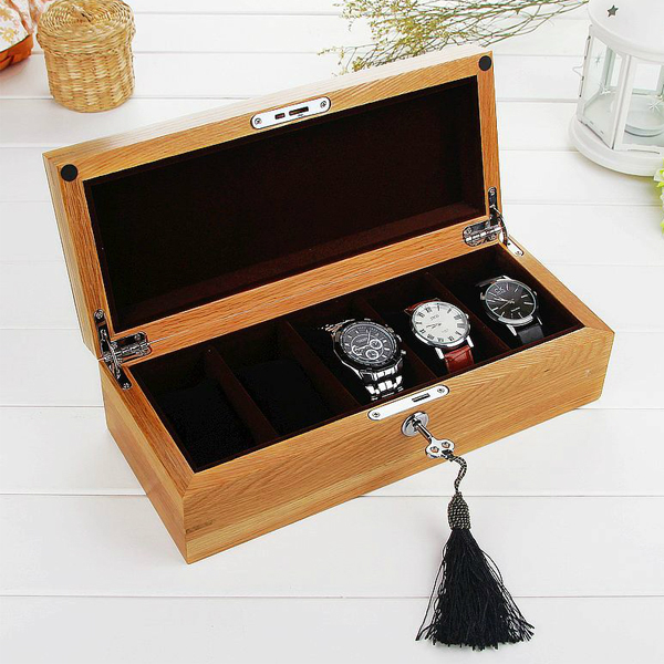 5Cgo  41788417509 美國白橡木 純實木原木制作 手表盒展示收藏盒箱 5格 帶鎖  GSX92200