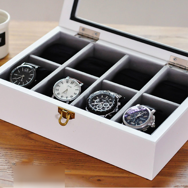 5Cgo  22490303179 實木木質 手表盒首飾手飾收納盒收藏儲藏盒展示架 白色8格 GSX99000