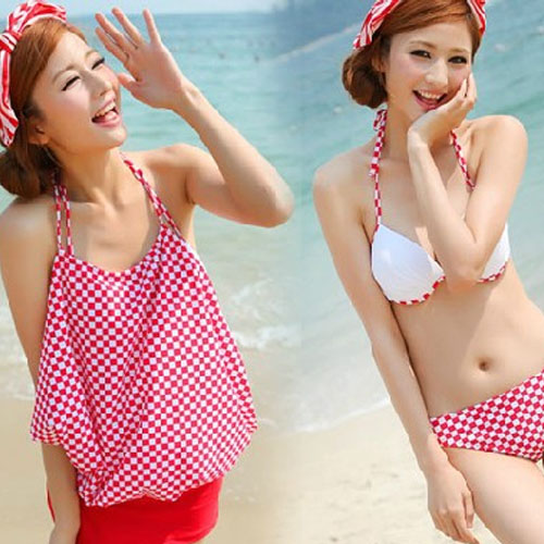 5Cgo   14552624404 韓國鋼托分體泳裝 顯瘦溫泉女遊泳衣 格紋三件套