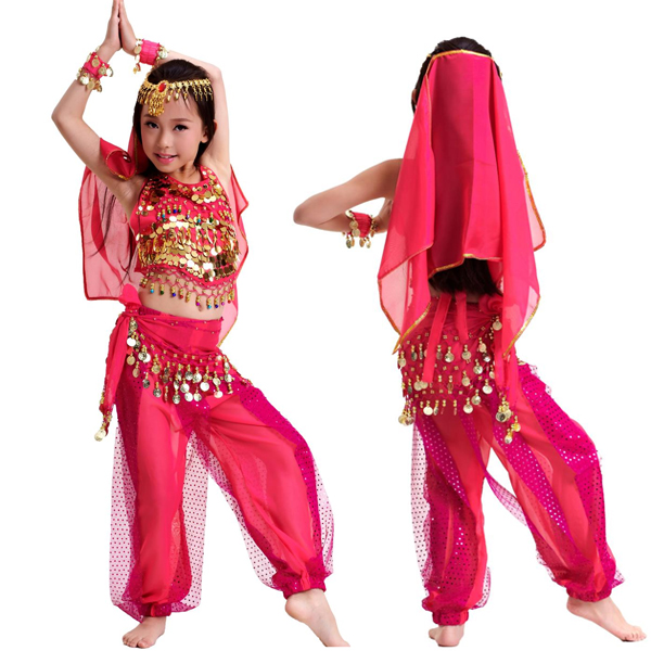 5Cgo  40202663266 印度風少兒肚皮舞套裝印度舞蹈吊幣上衣亮點褲演出服裝 兒童舞衣  GSX66000