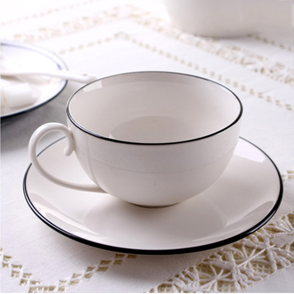 5Cgo 40419209705 咖啡杯陶瓷奶茶杯碟高檔歐式茶具創意杯碟套裝白色黑線骨瓷咖啡杯歐式馬克杯 WXP64000