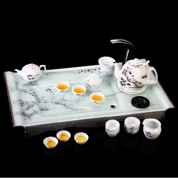 5Cgo  43864005606 整套晶瓷器功夫茶具套裝帶茶盤煮茶壺自動上水燒水排水茶海茶道茶盤 25件套  LAY03410