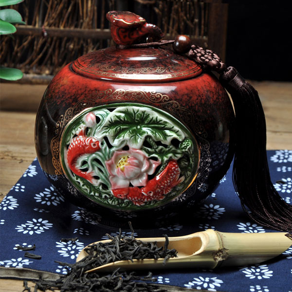 5Cgo 41709101351 陶瓷年年有魚大號鏤空浮雕陶瓷茶葉罐儲物罐密封罐茶罐荷花復古  LAY56100