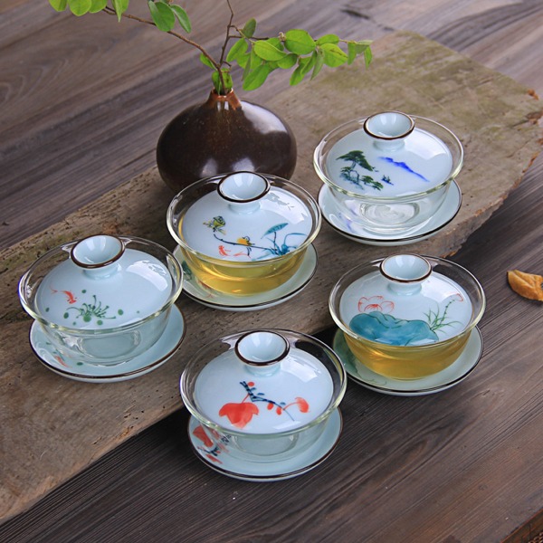 5Cgo 45039712455 手繪青瓷玻璃陶瓷蓋碗 三才青花耐熱玻璃碗功夫茶具敬茶杯主人杯 AGL53000 