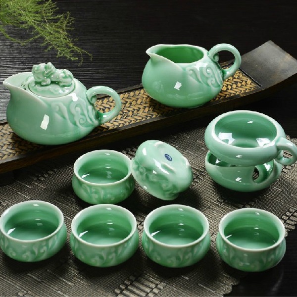 5Cgo 36683335453 青瓷貔貅招財陶瓷功夫整套茶具茶壺茶杯茶海茶漏送禮瓷器 10件套 AGL88100
