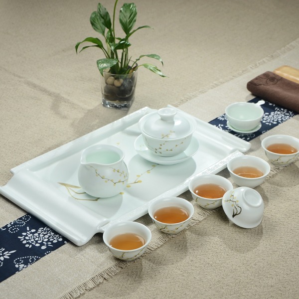 5Cgo 520016390649 臘梅手繪陶瓷定窯亞光整套茶具的休閒蓋碗茶壺茶杯 配茶盤 10件套 AGL55200
