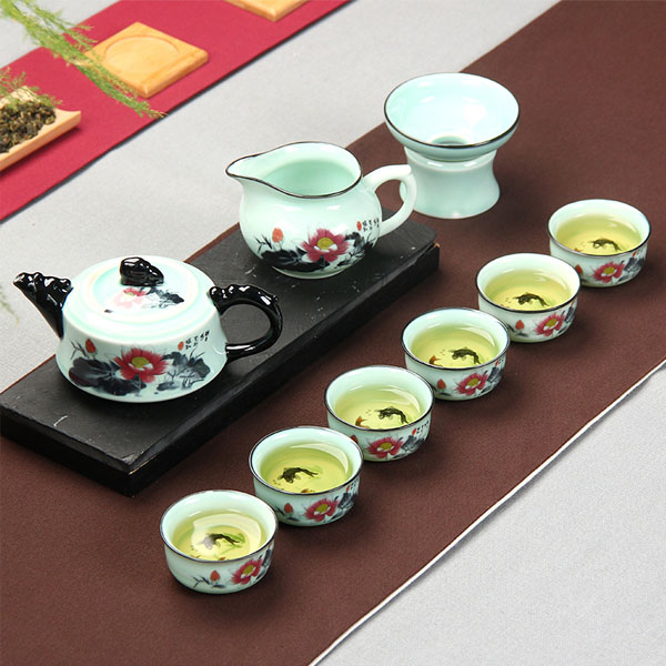 5Cgo  38808019523 整套茶具青瓷功夫陶瓷茶具釉中彩高白瓷德化半自動玲珑年年有餘茶具 10件套   LAY90100