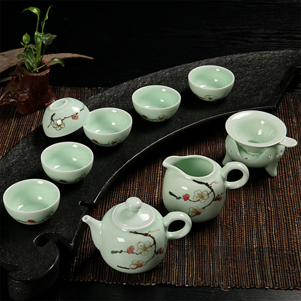 5Cgo 42143666129 高檔手繪龍泉青瓷茶具套裝茶壺蓋碗功夫茶具陶瓷蓋碗茶漏茶杯茶碗組 10件套  LAY88200
