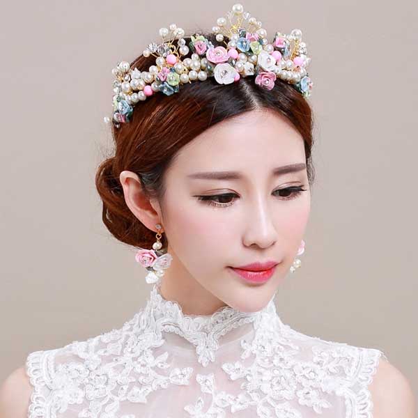 5Cgo 521229779319 千色新娘 花都新娘皇冠頭飾韓式手工陶瓷花朵結婚髪飾婚紗飾品  配飾   GSX82100
