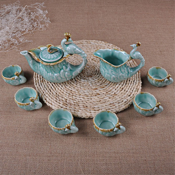5Cgo  41014907380 海洋創意青瓷孔雀茶具套裝茶具套裝茶具觀賞工藝品喝茶茶藝茶道 8件套  LAY38100