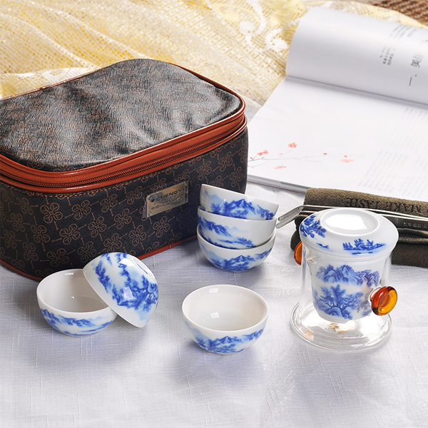 5Cgo 15566558579 便攜式旅遊功夫茶具手繪青花瓷杯旅行套裝戶外耐熱玻璃雙耳紅茶壺  LAY82100