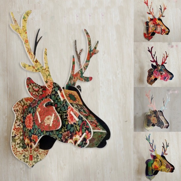 5Cgo 39451220994 歐式木質立體動物頭背景牆壁飾彩繪鹿頭DIY組裝壁掛抽象古典財鹿五種可選 AGL86200