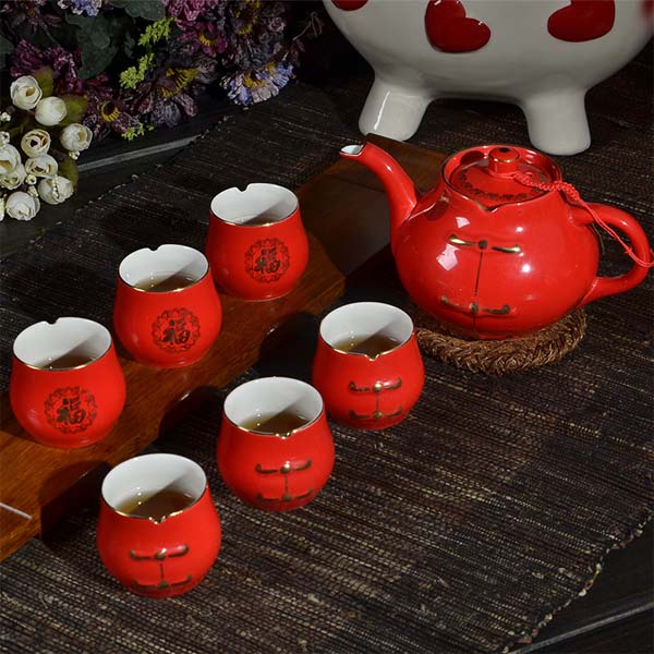 5Cgo  43085215684 唐裝茶具7頭中國紅瓷器婚慶茶具結婚茶具生日禮品禮物福字套裝 LAY42100