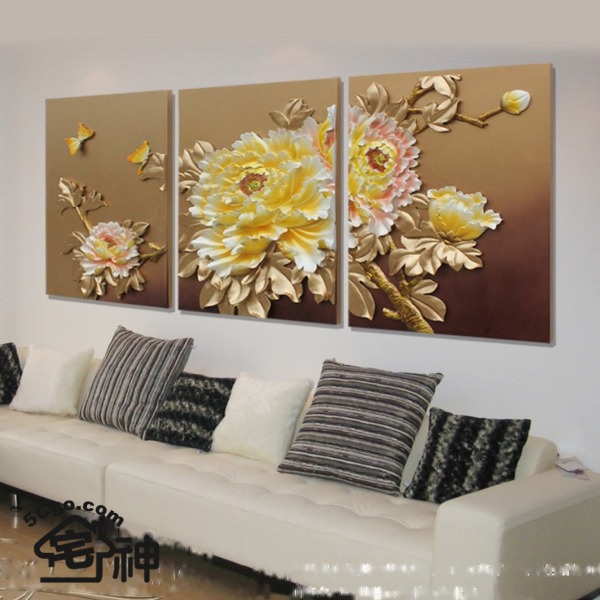 5Cgo 45384219225 現代客廳裝飾畫樹脂浮雕立體掛畫沙發背景牆畫無框壁畫黃金富貴牡丹 三聯畫60*80 AGL04500