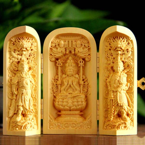 5Cgo  520262397522 黃楊木雕手把件擺件隨身佛龛三開盒木雕佛像觀音西方三聖工藝品    LAY77000