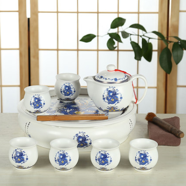5Cgo 520250101681 圓形托盤功夫茶具套裝陶瓷茶盤茶壺雙層茶杯隔熱10件套HZS92300