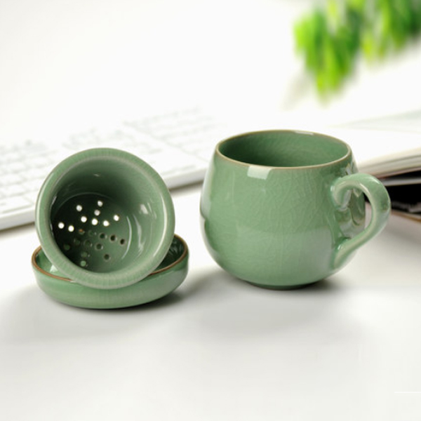 5Cgo 38624197080 龍泉青瓷辦公泡茶杯帶蓋過濾三件式同心杯陶瓷馬克杯功夫茶具用品 HZS83000