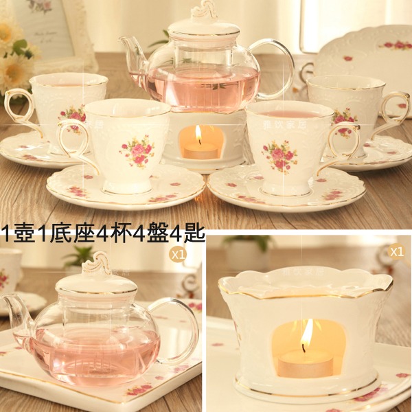 5Cgo 39236908743 花茶壺玫瑰花茶茶具歐式套裝蠟燭加熱玻璃陶瓷煮水果茶下午茶茶壺茶杯湯匙托盤 組合二 AGL08100