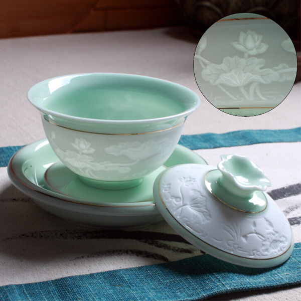 5Cgo 520139149015 創新雕刻龍荷花蓋碗茶杯青瓷功夫茶具用品陶瓷泡茶杯三才碗 HZS86000
