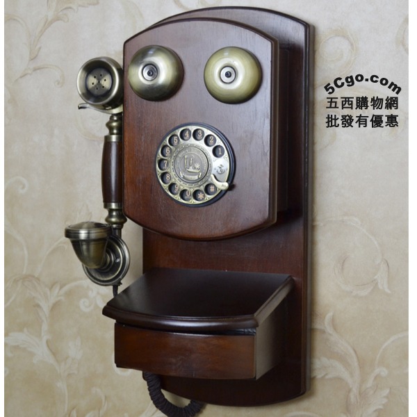 5Cgo 40683566045 歐式木質木頭電話機仿古復古家用電話座機老古董牆壁掛式免提重撥-旋轉撥號 AGL00400