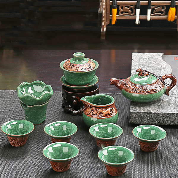 5Cgo 524444932695 冰裂茶具馬上有錢浮雕陶瓷功夫茶具套裝手工龍泉青瓷釉哥窯茶壺蓋碗品茗杯 HZS88000