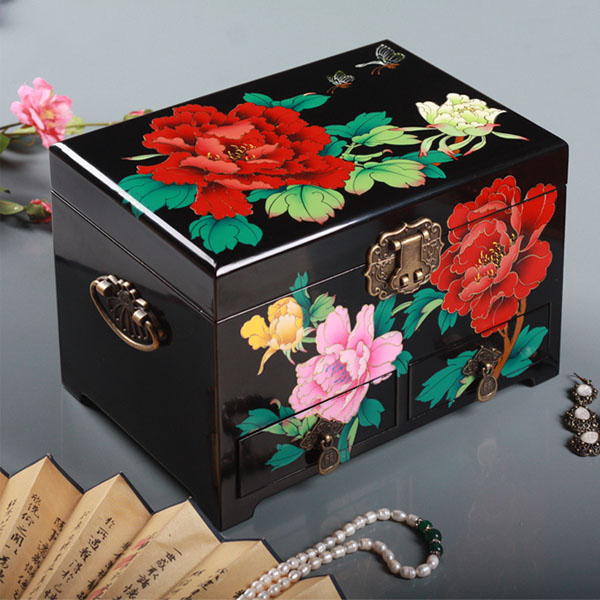 5Cgo 21752611469 複古首飾盒帶鎖木質結婚首飾裝飾盒飾品盒 古典彩繪漆器珠寶盒櫃   GSX04900