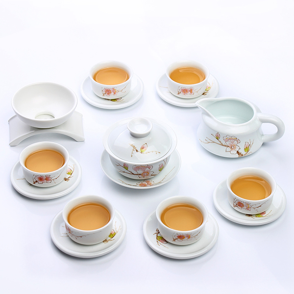 5Cgo 529233743410 功夫茶具茶道套裝手繪桃花陶瓷蓋碗品茗杯白瓷整套茶碗杯家用泡茶  HZS25100