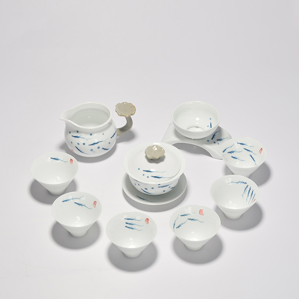 5Cgo 527551687811 德化薄胎白瓷青花手繪功夫蓋碗茶具套裝陶瓷魚杯茶具禮盒裝 HZS85100