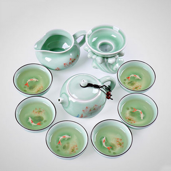 5Cgo 535855261868 整套陶瓷功夫茶具套裝純手工繪青瓷金魚10頭蓋碗茶壺茶杯茶海  HZS87100