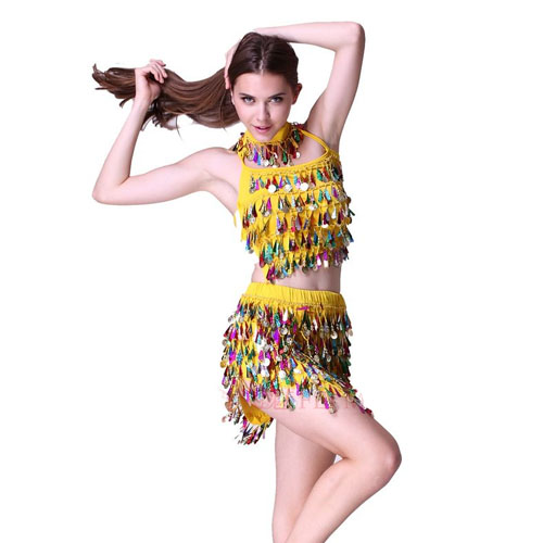 5Cgo 17059171145 新款 拉丁舞表演服裝 成人 彩亮片鈴鐺拉丁舞練習套裝
