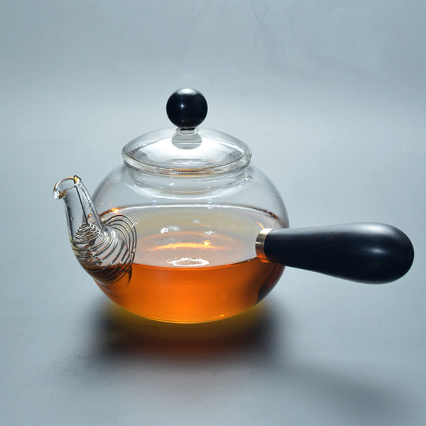 5Cgo 540454282708 黑檀木側把玻璃壺耐熱小玻璃煮茶壺透明耐高溫日式工手工玻璃茶具  HZS49000