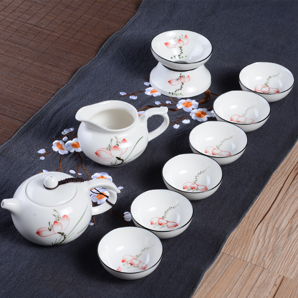5Cgo 530230810696手繪白瓷功夫茶具6人套裝陶瓷茶具蓋碗茶杯茶壺品茗杯 HZS49000