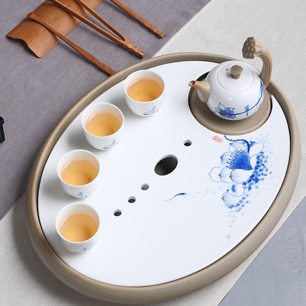 5Cgo 538239992561 青瓷茶盤陶瓷手繪手工荷花茶台圓形雙層儲水式茶托茶壺茶杯茶道乾泡茶盤 大號40*31  HJT93200