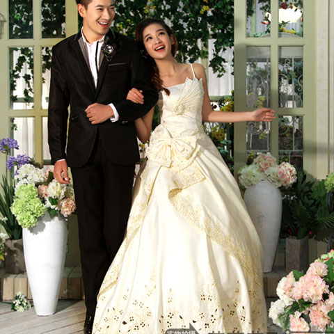 5Cgo 12396040741 韓版公主新娘邦帶婚紗 高檔燙孔吊帶禮服 晚宴、洋裝、新娘、伴娘 MIK86200