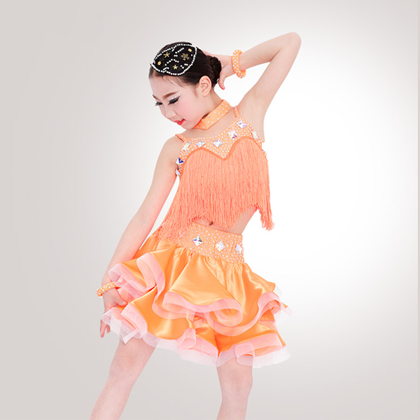 5cgo 少兒拉丁舞比賽服裝夏季吊帶無袖流蘇表演出服兒童舞蹈蓬蓬裙套裝 GSX86200
