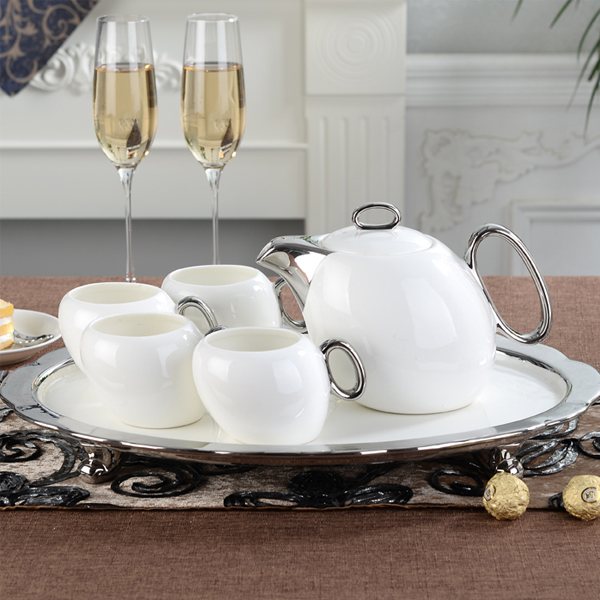 5Cgo 550391876714 簡約歐式陶瓷茶具套裝鍍銀咖啡杯 英式下午茶紅茶帶托盤家用高檔咖啡套裝—6頭 XMJ65200