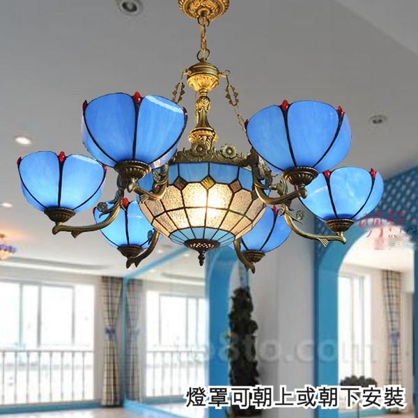 5Cgo 44304033520 蒂凡尼歐式地中海風格餐廳客廳餐桌大廳藍白彩繪毛玻璃吊燈半吸頂燈6+1頭 AGL05700