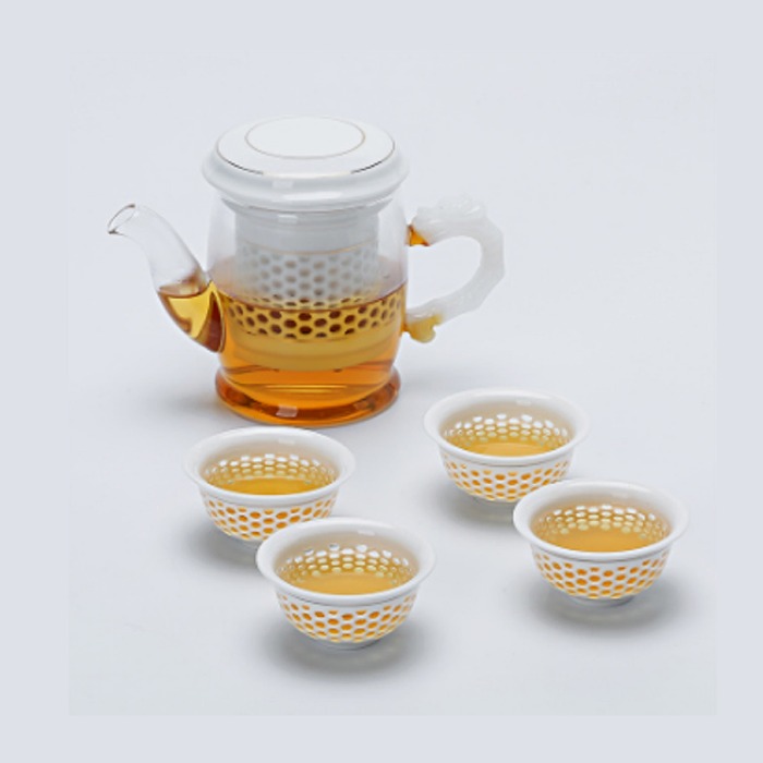 5Cgo 542618387838 玻璃茶壺加厚耐熱泡茶具套裝陶瓷過濾內膽紅茶壺玲瓏杯功夫沖茶器1壺4杯 AGL85000