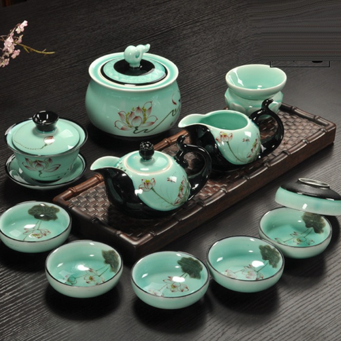 5Cgo 526496051580 青瓷功夫泡茶整套茶具套裝陶瓷手繪蓮花荷花茶杯茶壺蓋碗品茗杯含茶葉罐 AGL00300