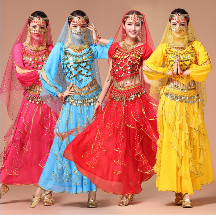 5Cgo 524777744282印度舞蹈服裝演出服成人女秋冬新款肚皮舞舞台表演裙子舞裙舞衣腰鏈頭莎-短袖四件套 AGL99000