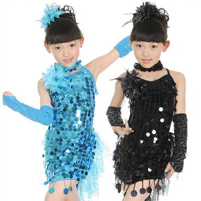 5Cgo 15778078972 兒童拉丁舞女童黑色藍色演出服裝亮片少兒拉丁舞表演服現代新款舞蹈連體裙子 YAN48000