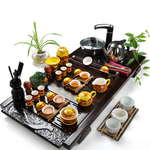 5Cgo 18840117564 高檔功夫茶具套裝特價 汝窯陶瓷茶盤實木 頂級大號電磁爐茶具（套裝八）SHM02900