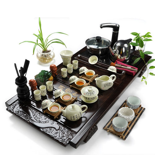 5Cgo 18840117564 高檔功夫茶具套裝特價 汝窯陶瓷茶盤實木 頂級大號電磁爐茶具（套裝九）SHM59800