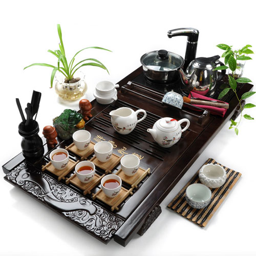 5Cgo 18840117564 高檔功夫茶具套裝特價 汝窯陶瓷茶盤實木 頂級大號電磁爐茶具（套裝十）SHM09800