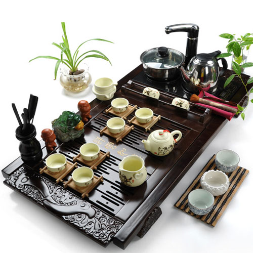 5Cgo 18840117564 高檔功夫茶具套裝特價 汝窯陶瓷茶盤實木 頂級大號電磁爐茶具（套裝十四）SHM09800