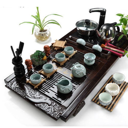 5Cgo 18840117564 高檔功夫茶具套裝特價 汝窯陶瓷茶盤實木 頂級大號電磁爐茶具（套裝十五）SHM03900