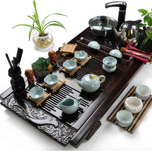 5Cgo 18840117564 高檔功夫茶具套裝特價 汝窯陶瓷茶盤實木 頂級大號電磁爐茶具（套裝十六）SHM03900