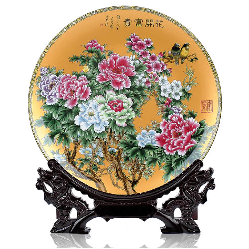 5Cgo 陶瓷器 粉彩花開富貴金色盤子 花盤 家居擺設 裝飾品 工藝品 擺設 LXM63000