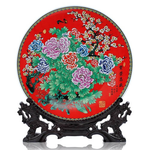 5Cgo 35公分 中國紅牡丹繁榮昌盛陶瓷 裝飾盤子 花盤 現代家飾客廳 裝飾品 工藝品 擺設 LXM85000